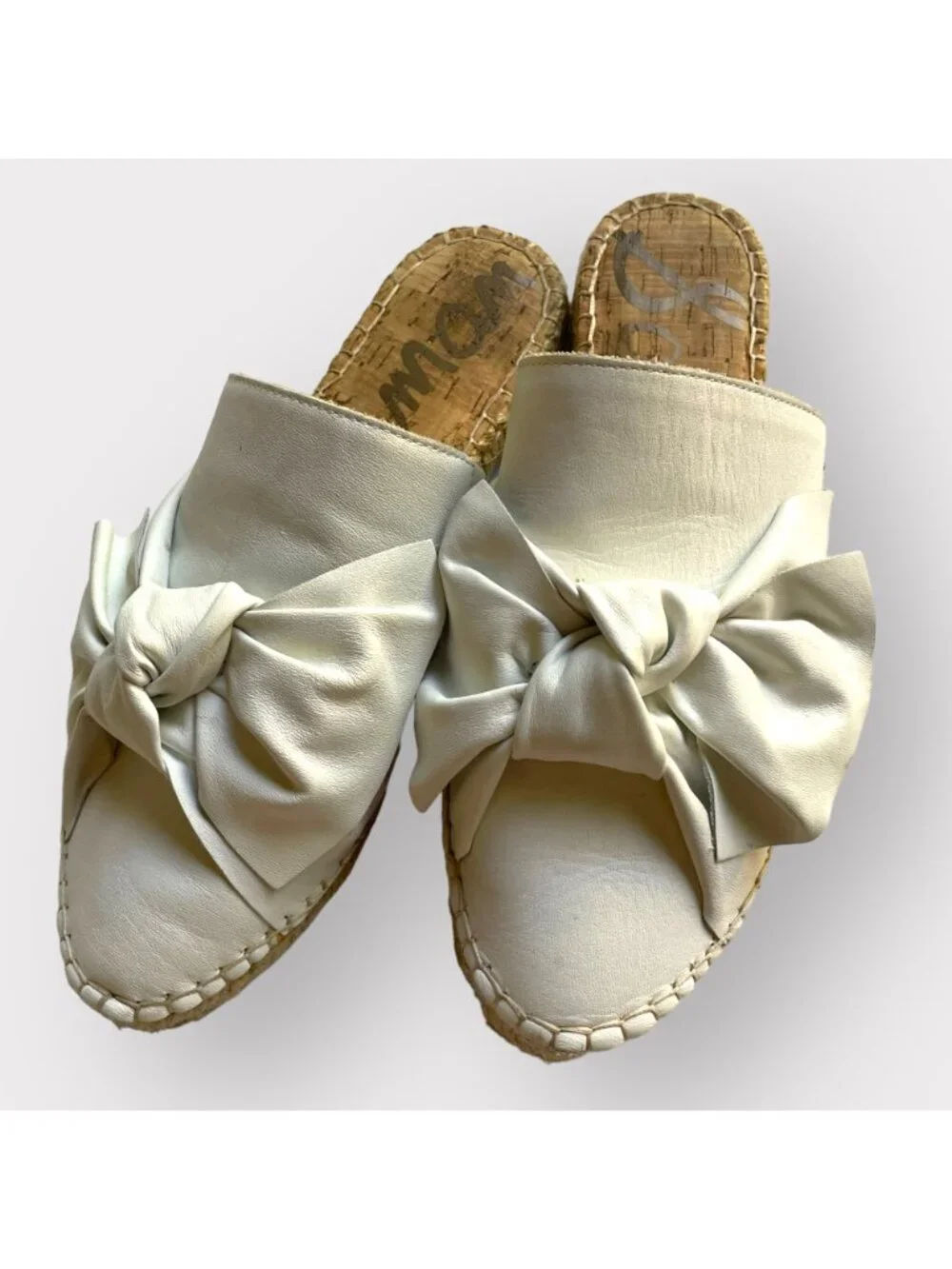 Sam Edelman Size 7.5 White Lynda Leather Bow Espadrille Slide Sandals Mule Shoes